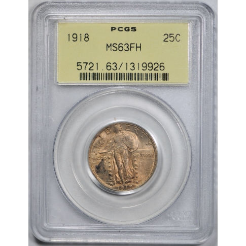 1918 25C Standing Liberty Quarter PCGS MS 63 FH Full Head Toned OGH Old Holder !