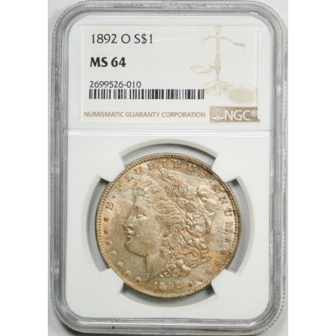 1892 O $1 Morgan Dollar NGC MS 64 Uncirculated New Orleans Pretty Toned Original 