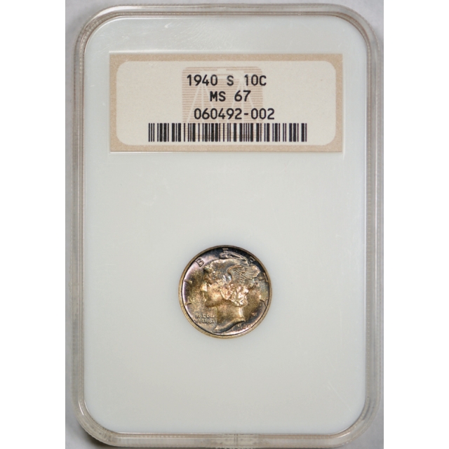 1940 S 10c Mercury Dime NGC MS 67 Uncirculated Toned Old Fatty Holder ! 