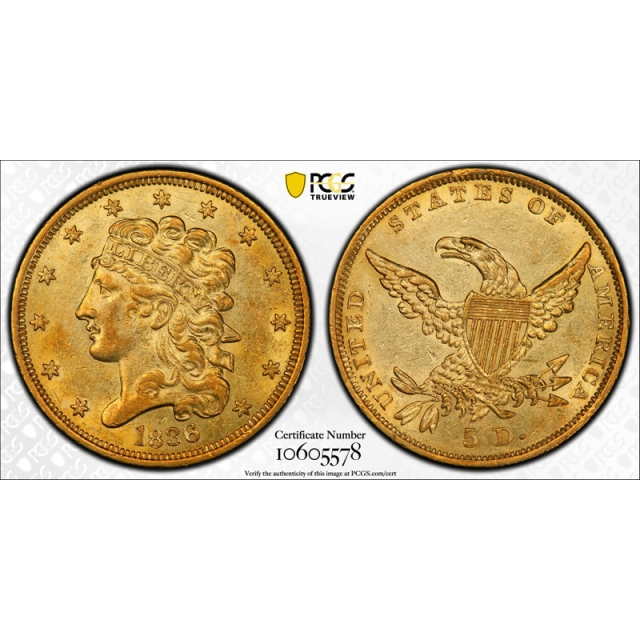 1836 $5 Classic Head Half Eagle Gold Piece PCGS AU 55 About Uncirculated Nice ! 