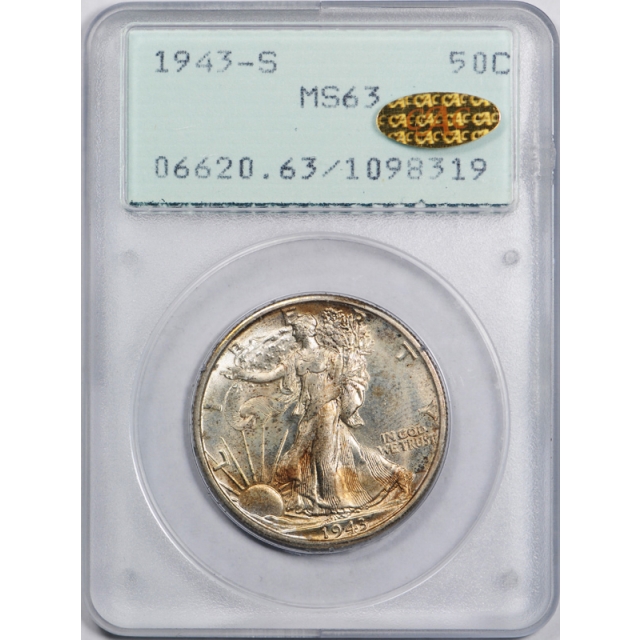 1943 S 50C Walking Liberty Half Dollar PCGS MS 63 Uncirculated Gold CAC Sticker