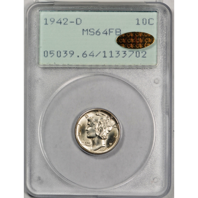 1942 D 10C Mercury Dime PCGS MS 64 FB Uncirculated Rattler Gold CAC Sticker