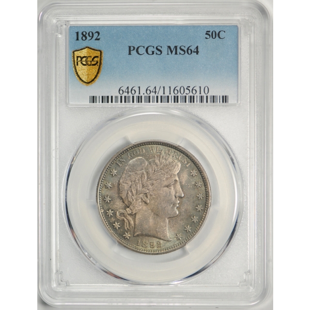 1892 50C Barber Half Dollar PCGS MS 64 Uncirculated Original Toned First Year Type