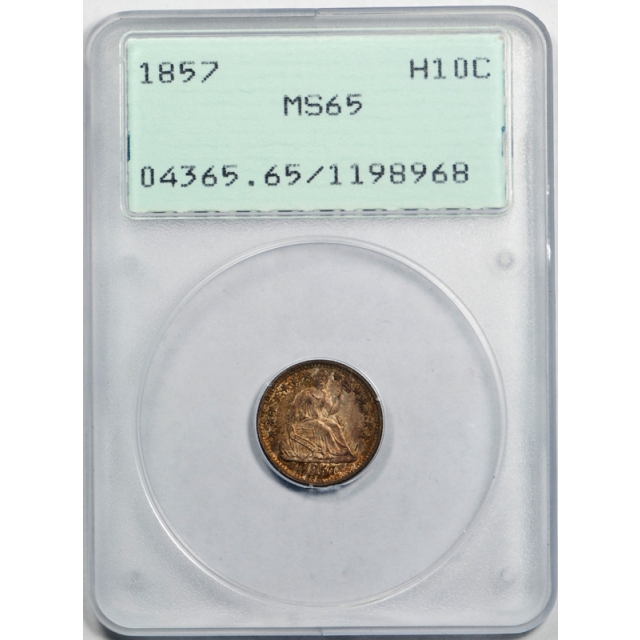 1857 H10C Seated Liberty Half Dime PCGS MS 65 Uncirculated Rattler Toned