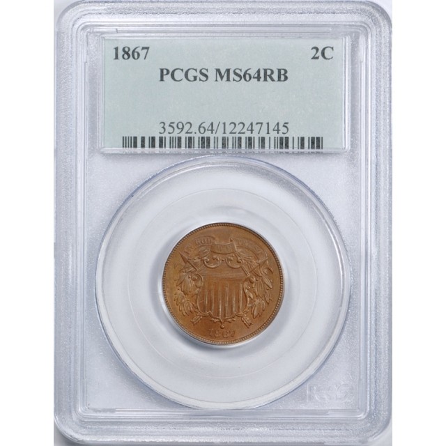 1867 2C Two Cent Piece PCGS MS 64 RB Uncirculated Red Brown Attractive Coin