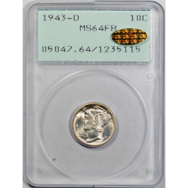 1943 D 10C Mercury Dime PCGS MS 64 FB Uncirculated Gold CAC Sticker Rattler