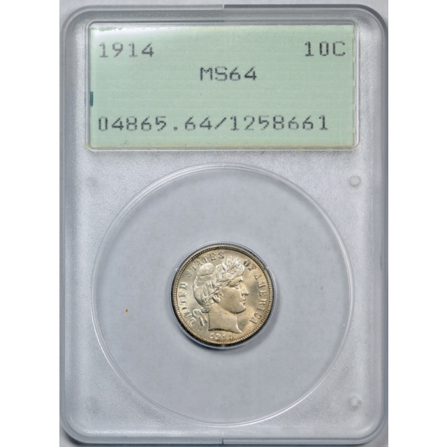 1914 10C Barber Dime PCGS MS 64 Uncirculated Old Rattler Holder Nice ! 