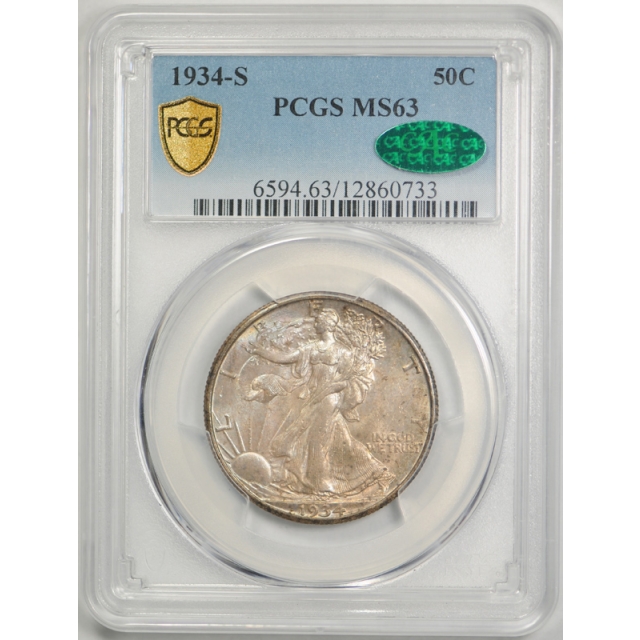 1934 S 50C Walking Liberty Half Dollar PCGS MS 63 CAC Approved Toned Beauty !