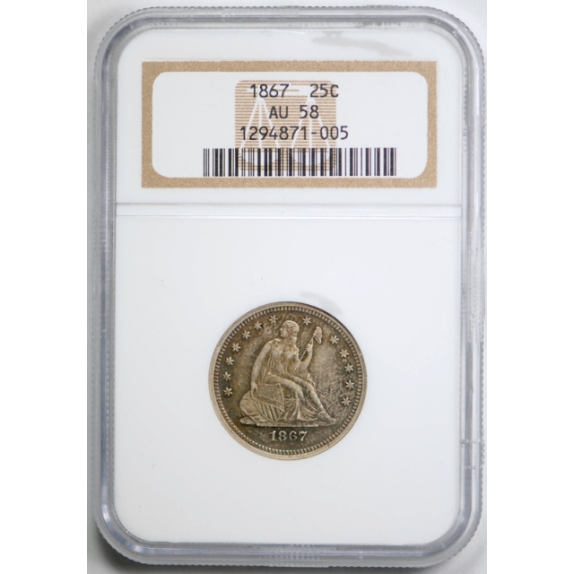 1867 25c Seated Liberty Quarter NGC AU 58 About Uncirculated Key Date Tough Coin !