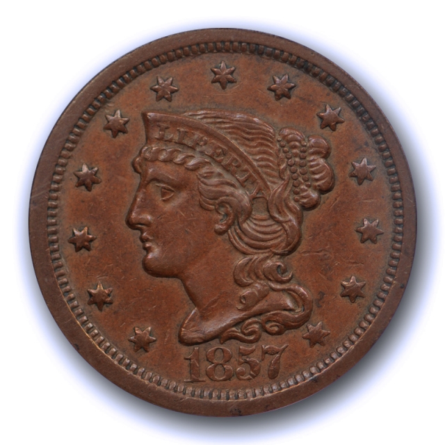 1857 1C Braided Hair Large Cent PCGS AU 50 About Uncirculated Large Date LD Cert#1843