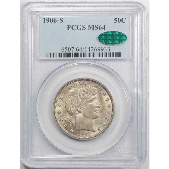 1906 S 50C Barber Half Dollar PCGS MS 64 Uncirculated CAC Approved Beautiful ! 