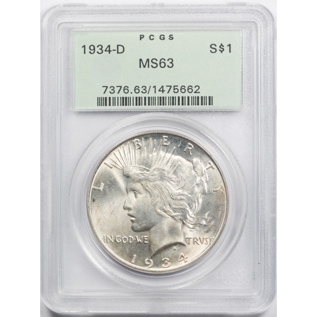 1934 D $1 Peace Dollar PCGS MS 63 Uncirculated OGH Old Holder Lustrous 