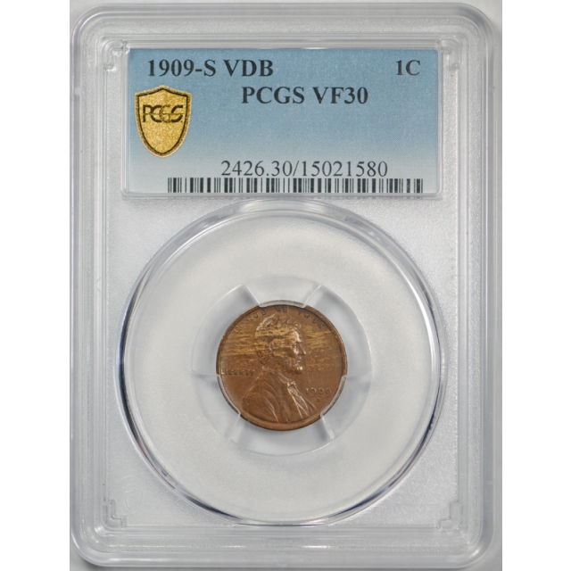 1909 S VDB 1C Lincoln Wheat Cent PCGS VF 30 Wood Grain Toned Key Date !