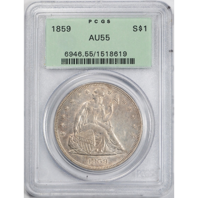 1859 $1 Seated Liberty Dollar PCGS AU 55 About Uncirculated OGH
