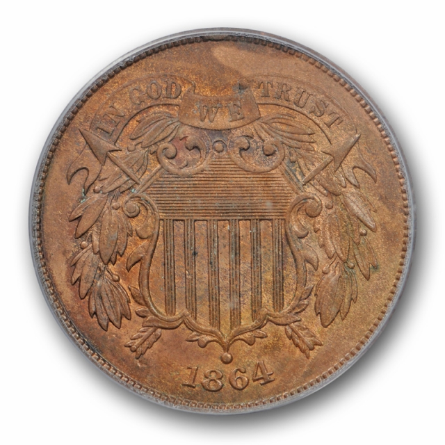 1864 2C Two Cent Piece PCGS MS 63 RB Uncirculated Red Brown US Type Coin 