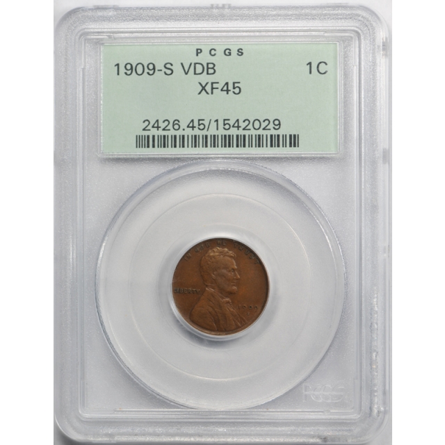 1909 S VDB 1C Lincoln Wheat Cent PCGS XF 45 Extra Fine to AU Key Date OGH Nice !
