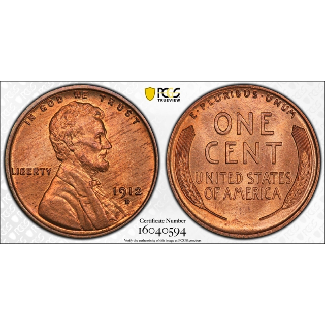 1912 D 1C Lincoln Wheat Cent PCGS MS 65 RD Uncirculated Full Red Tough Grade !