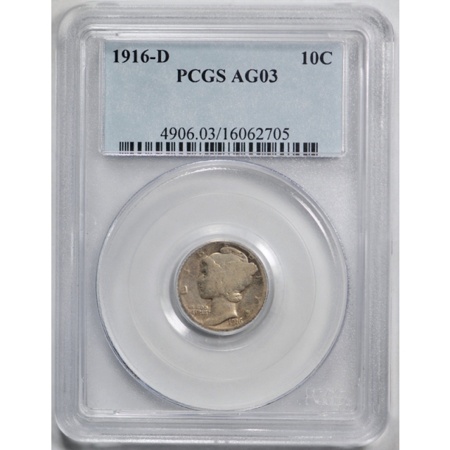1916 D 10C Mercury Dime PCGS AG 3 About Good Denver Mint Key Date Tough!