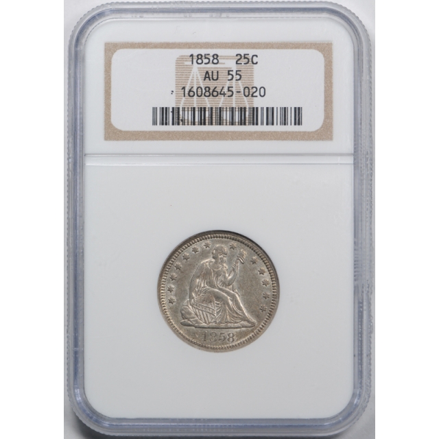 1858 25c Seated Liberty Quarter NGC AU 55 About Uncirculated Original Toned US Type