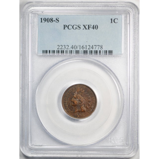 1908 S 1C Indian Head Cent PCGS XF 40 Extra Fine Wood Grain Toned Key Date !