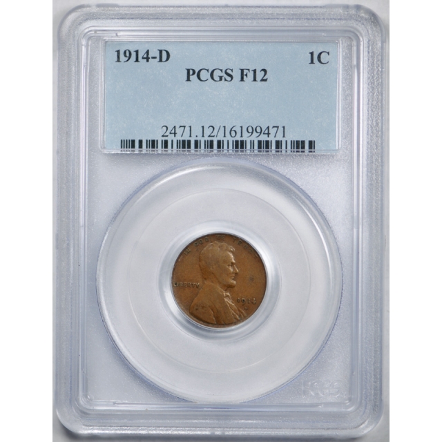 1914 D 1C Lincoln Wheat Cent PCGS F 12 Fine Denver Mint Key Date Original 