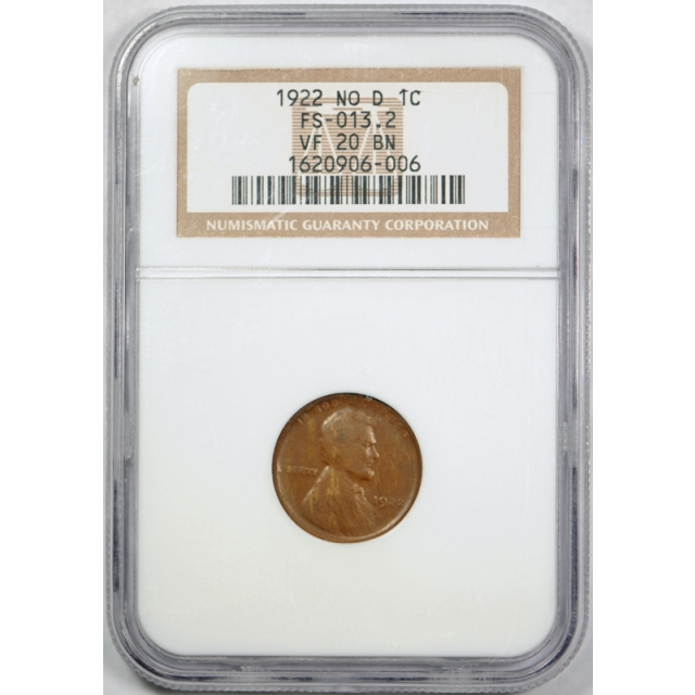 1922 No D 1C Strong Reverse Lincoln Wheat Cent NGC VF 20 Very Fine Key Variety