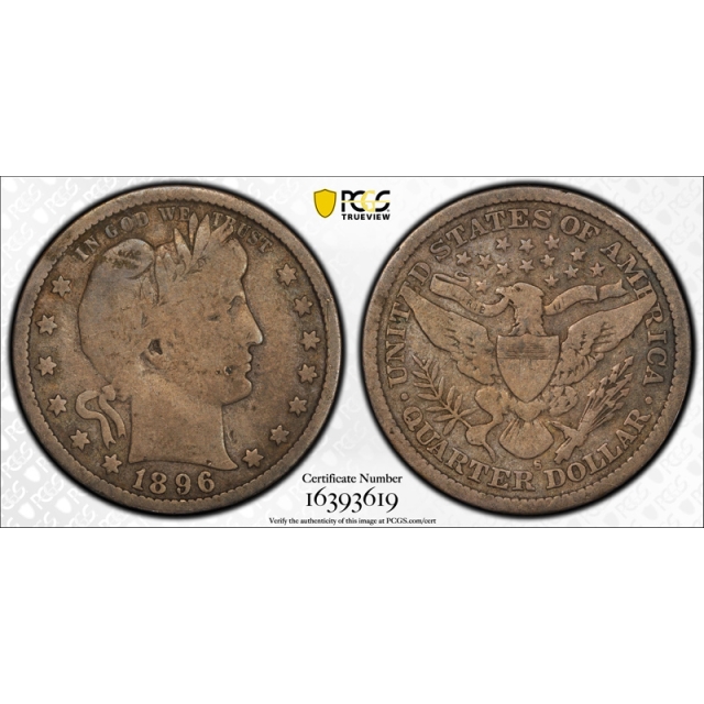 1896 S 25C Barber Quarter PCGS VG 8 Very Good Full Rims San Francisco Mint Key Date !