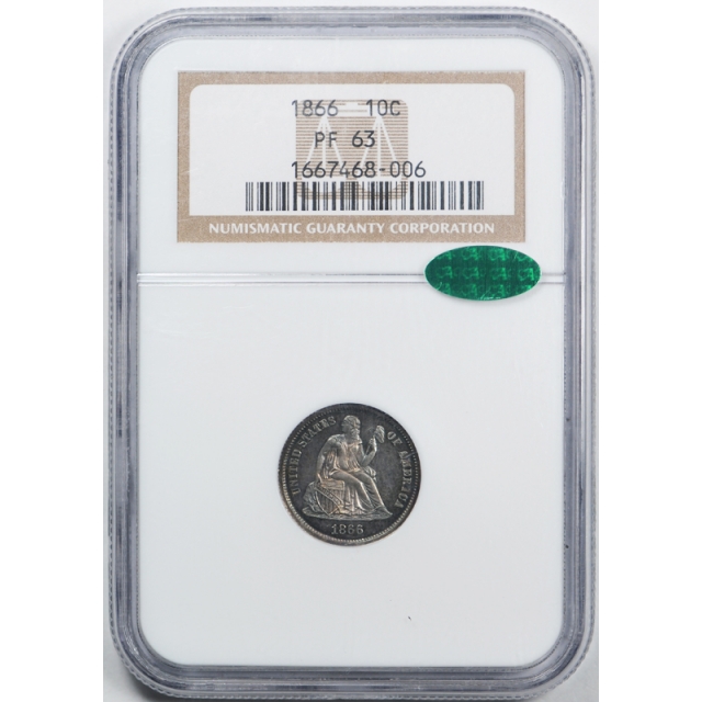 1866 10c Seated Liberty Dime NGC PF 63 Proof PR Pretty Toned CAC Approved Key Date
