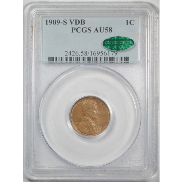 1909 S VDB 1C Lincoln Wheat Cent PCGS AU 58 CAC Approved Key Date Nice !