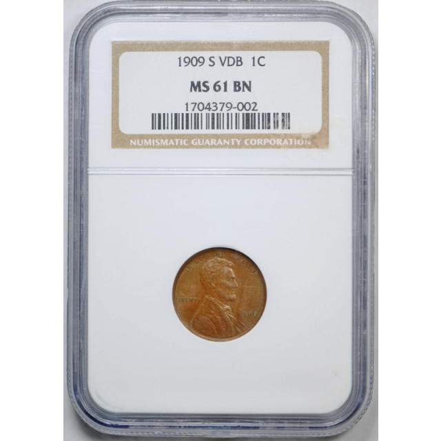 1909 S VDB 1C Lincoln Wheat Cent NGC MS 61 BN Uncirculated Brown Key Date Tough !