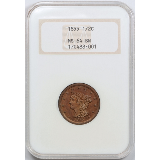 1855 1/2C Braided Hair Half Cent NGC MS 64 BN Uncirculated Old Fatty Holder !