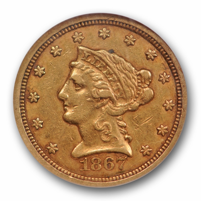 1867 S $2.5 Quarter Eagle Gold Piece NGC AU 50 About Uncirculated Tough Date !