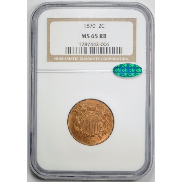 1870 2C Two Cent Piece NGC MS 65 RB Uncirculated CAC Approved Red Brown Tough !