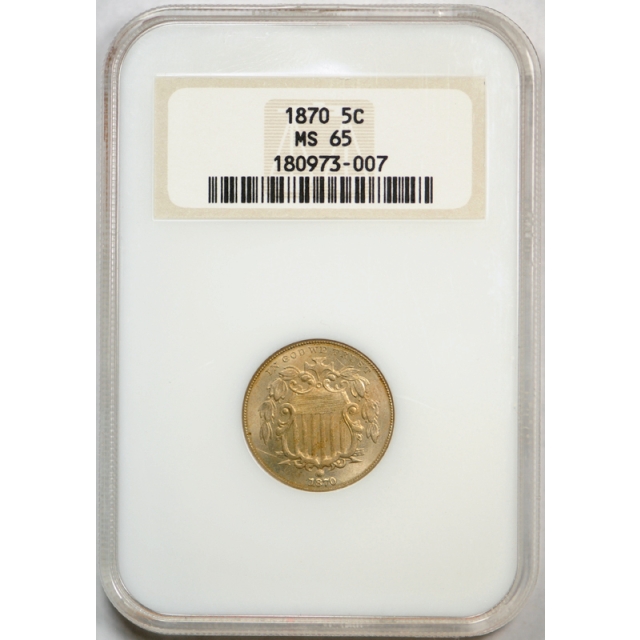 1870 5c Shield Nickel NGC MS 65 Uncirculated Golden Toned Old Fatty Holder !