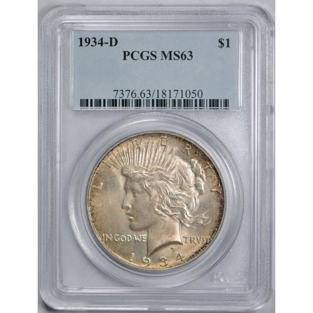 1934 D $1 Peace Dollar PCGS MS 63 Uncirculated Denver Mint Better Date Cert#0150
