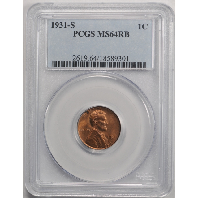 1931 S 1C Lincoln Wheat Cent PCGS MS 64 RB Uncirculated Red Brown Key Date Original 