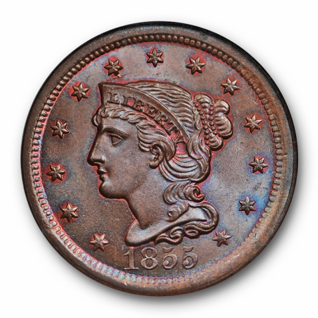 1855 Braided Hair Large Cent N-7 1C NGC MS 66 BN Upright 55 CAC Approved Toned