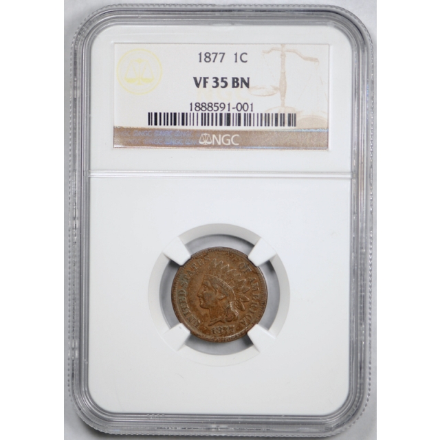 1877 1C Indian Head Cent NGC VF 35 BN Very Fine to Extra Fine Key Date Nice Tough Coin !