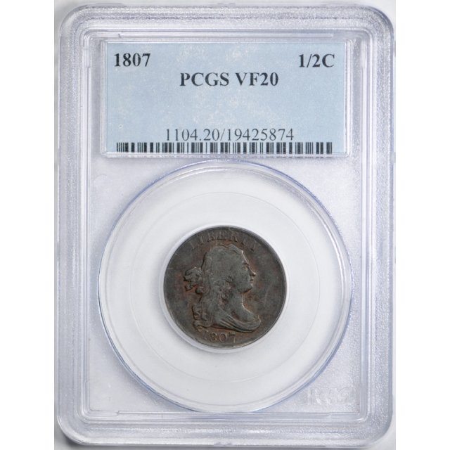 1807 1/2C Draped Bust Half Cent PCGS VF 20 Very Fine Early Copper US Coin Original 