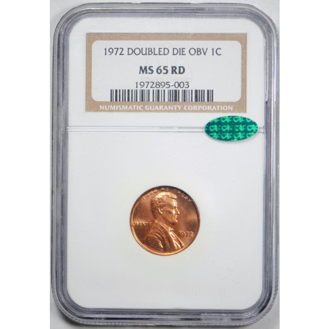 1972 1c Double Die Obverse Lincoln Memorial Cent NGC MS 65 RD Uncirculated CAC !