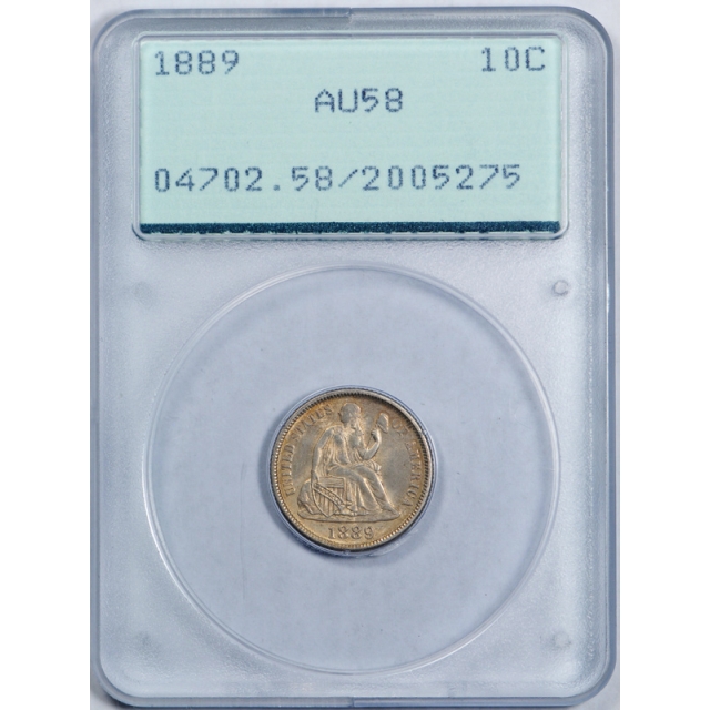 1889 10C Seated Liberty Dime PCGS AU 58 First Generation Rattler Holder