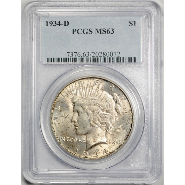 1934 D $1 Peace Dollar PCGS MS 63 Uncirculated Mint State Denver Mint Cert#0072