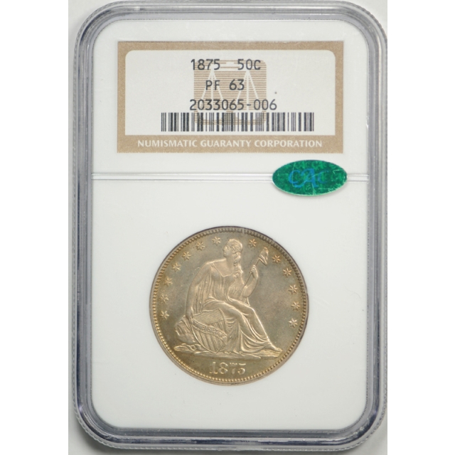 1875 50c Seated Liberty Half Dollar NGC PF 63 Proof CAC Approved PR Toned Nice !