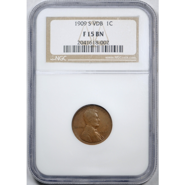 1909 S VDB 1C Lincoln Wheat Cent NGC F 15 Fine to Very Fine Key Date Nice !