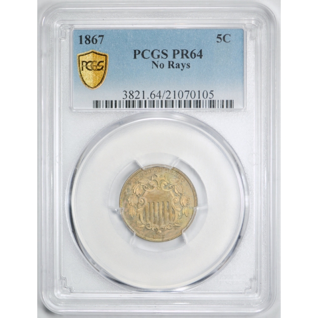 1867 5C No Rays Shield Nickel Proof PCGS PR 64 Colorful Toned Beauty Nice !