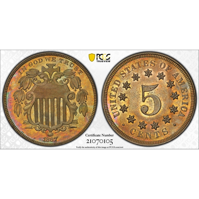 1867 5C No Rays Shield Nickel Proof PCGS PR 64 Colorful Toned Beauty Nice !