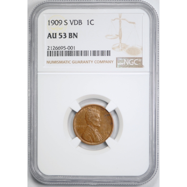 1909 S VDB 1c Lincoln Wheat Cent NGC AU 53 About Uncirculated Key Date Original 