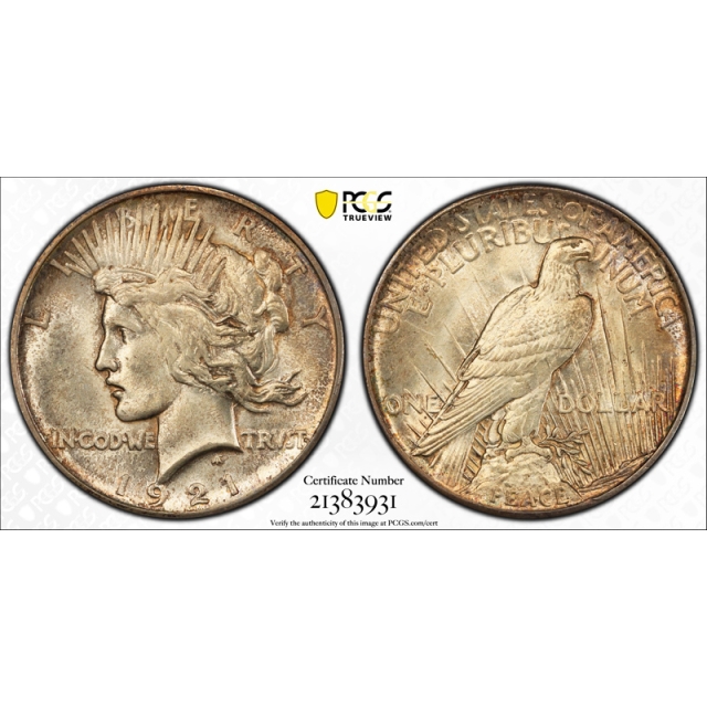 1921 $1 Peace Dollar High Relief PCGS MS 65 Uncirculated Lightly Toned Original 