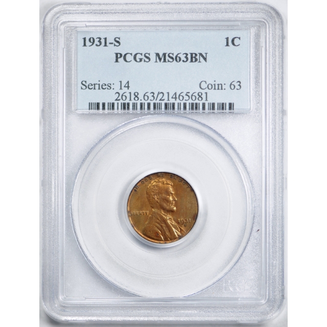 1931 S 1C Lincoln Wheat Cent PCGS MS 63 BN Uncirculated Brown Key Date Nice !