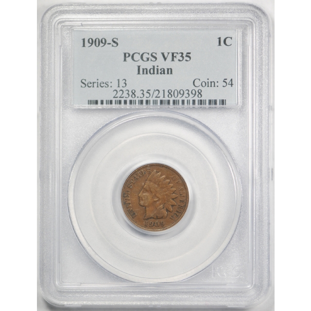 1909 S 1C Indian Head Cent PCGS VF 35 Very Fine to Extra Fine Key Date Original 